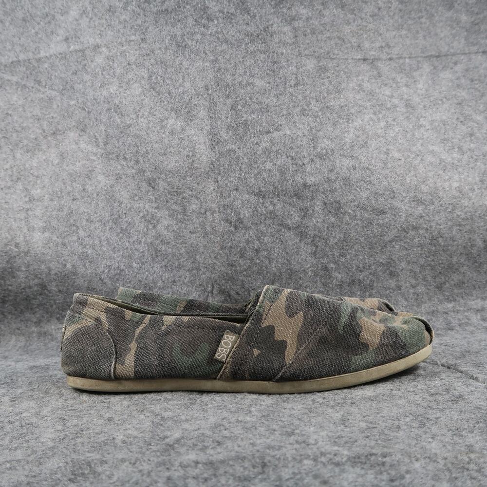 Skechers Bobs Shoes Womens 9 Slip On Flats Casual Canvas Camo Green Memory Foam